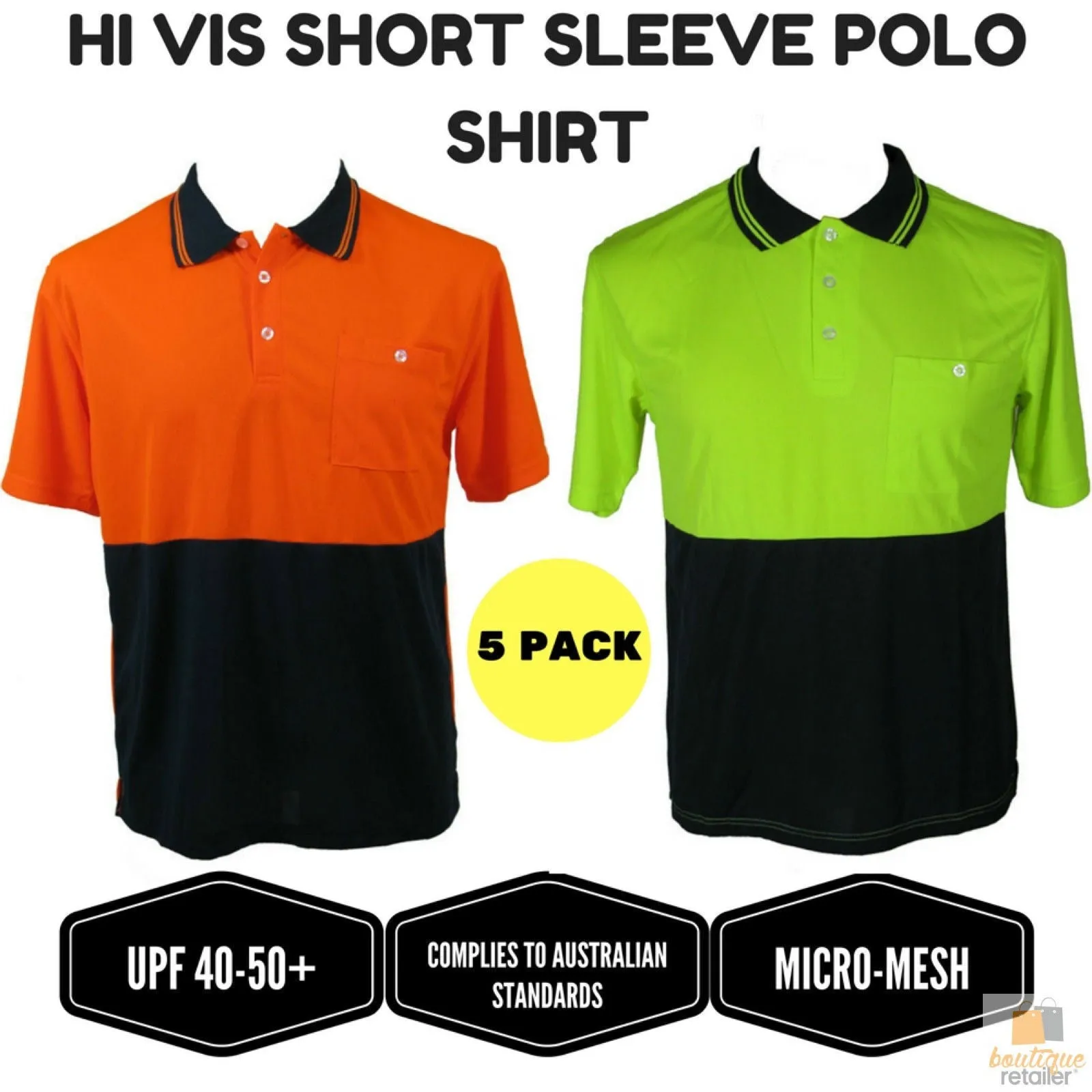 5x HI VIS Polo Shirt Top Tee Safety Workwear Short Sleeve Breathable Mesh BULK