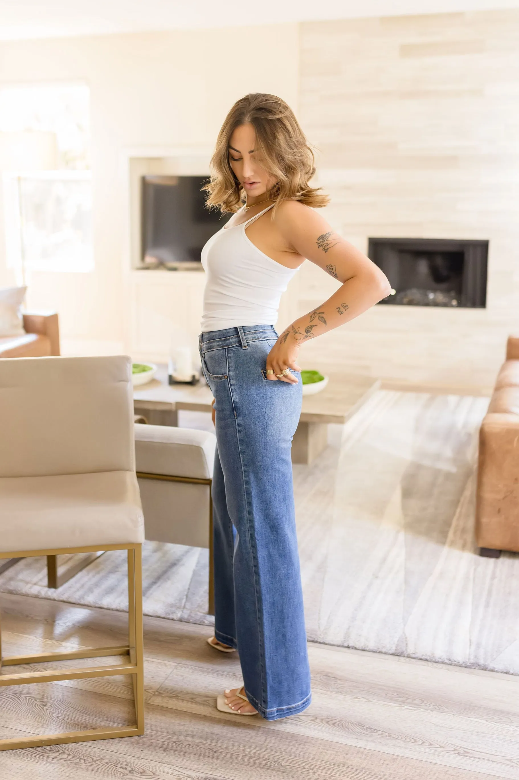 Addison High Rise Double Waist Wide Leg Jeans Dark Wash