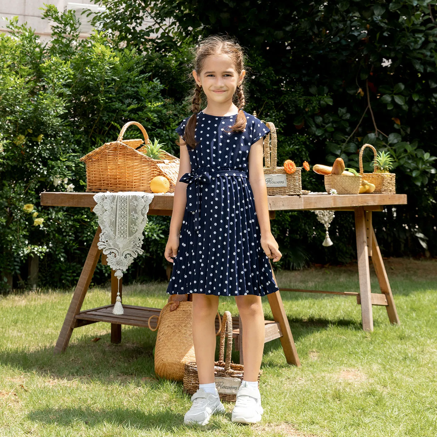 Allover Polka Dots Blue Sleeveless Dress for Mom and Me
