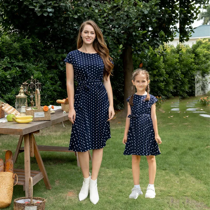 Allover Polka Dots Blue Sleeveless Dress for Mom and Me