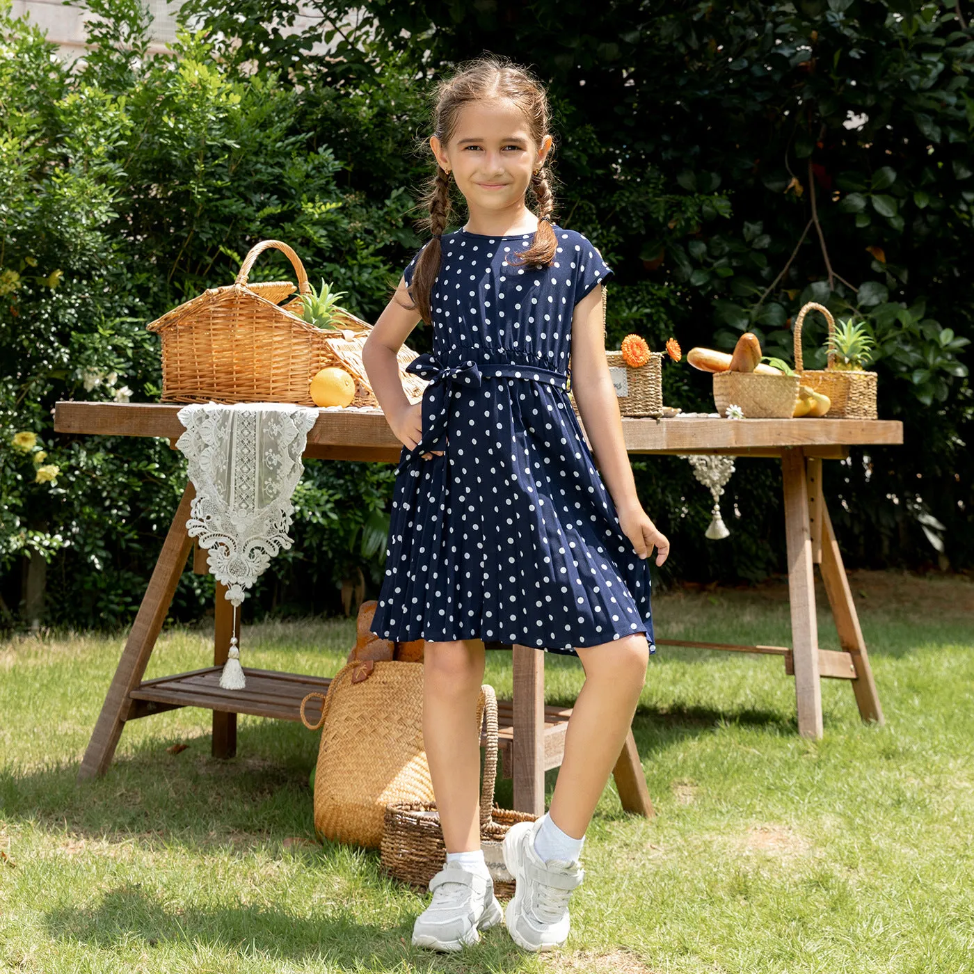 Allover Polka Dots Blue Sleeveless Dress for Mom and Me
