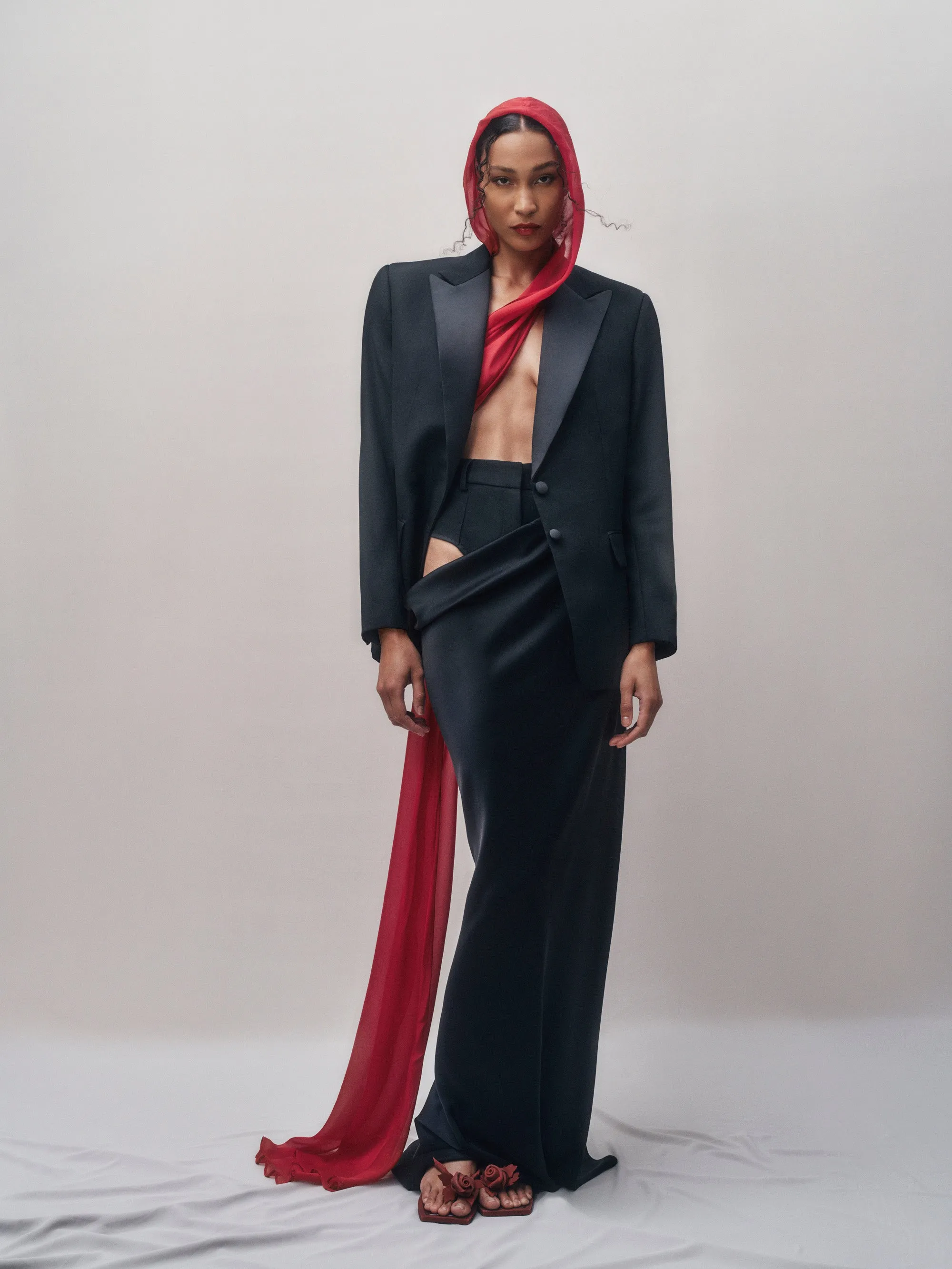 Bella Hooded Blazer - Black/Black Scarf