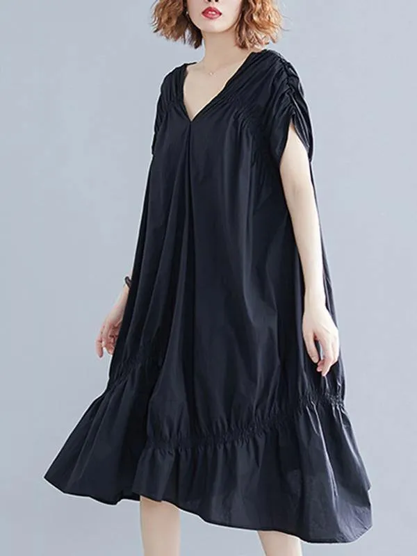 Black Loose Drawstring Ruffled Midi Dress