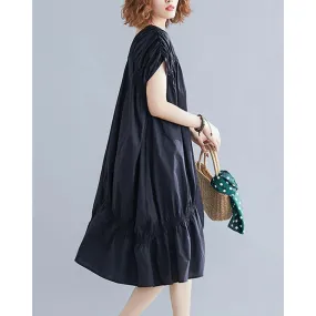 Black Loose Drawstring Ruffled Midi Dress