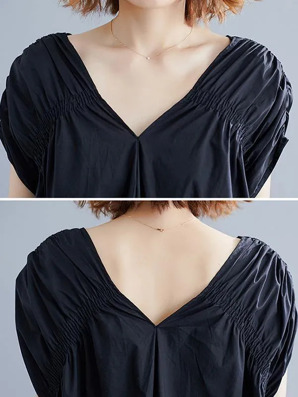 Black Loose Drawstring Ruffled Midi Dress