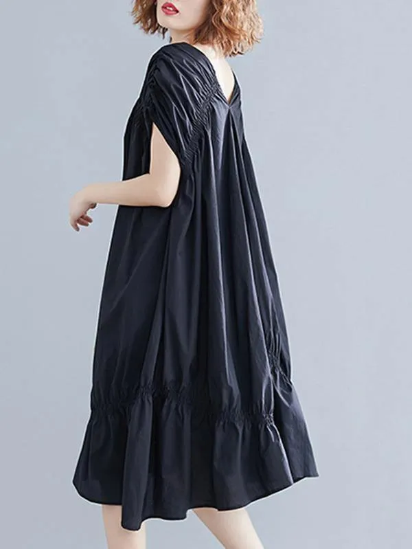 Black Loose Drawstring Ruffled Midi Dress