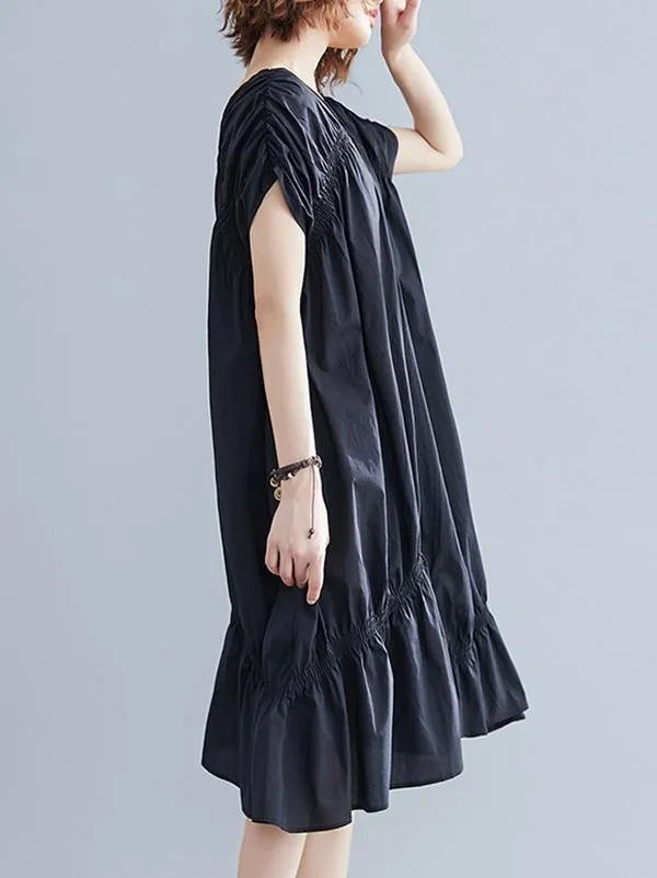 Black Loose Drawstring Ruffled Midi Dress