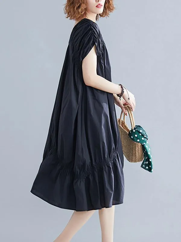 Black Loose Drawstring Ruffled Midi Dress