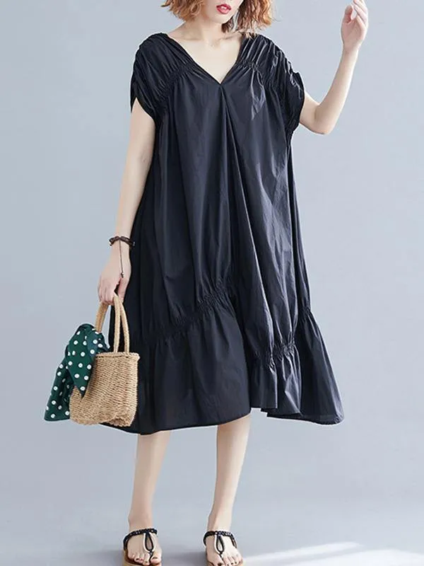 Black Loose Drawstring Ruffled Midi Dress