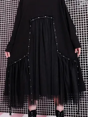Black Loose Rivet Gauze Splicing Dress