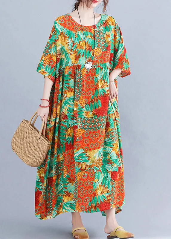 Bohemian Orange O-Neck Print Cozy Maxi Dresses Summer LY6559