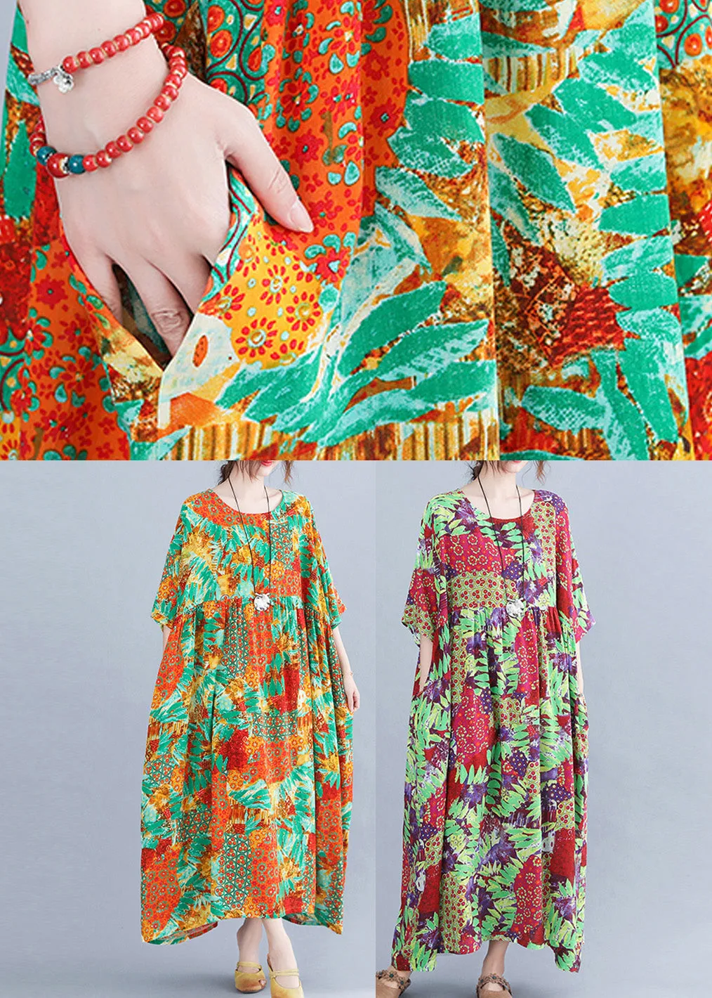 Bohemian Orange O-Neck Print Cozy Maxi Dresses Summer LY6559