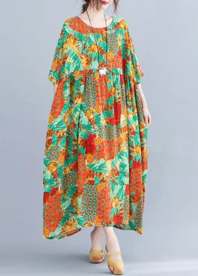 Bohemian Orange O-Neck Print Cozy Maxi Dresses Summer LY6559