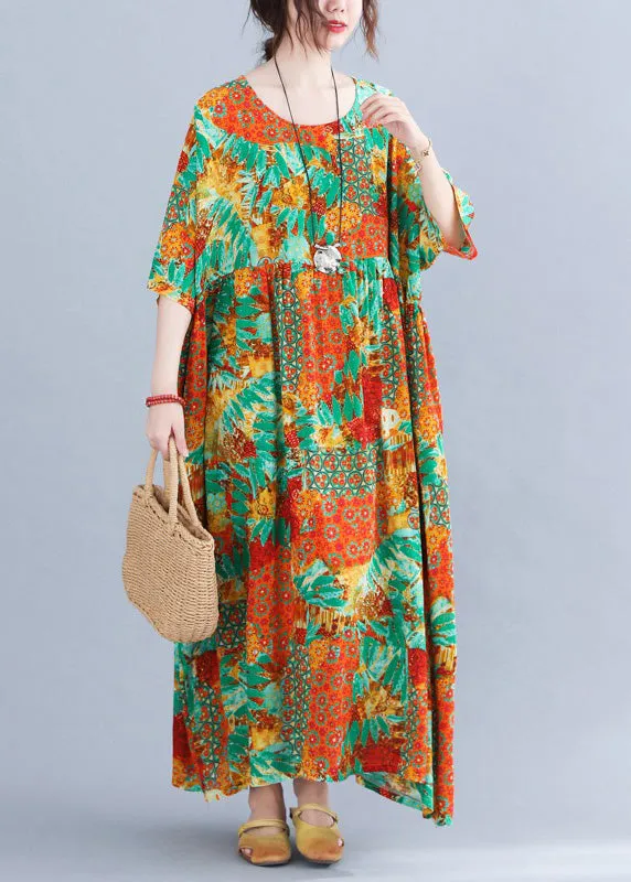 Bohemian Orange O-Neck Print Cozy Maxi Dresses Summer LY6559