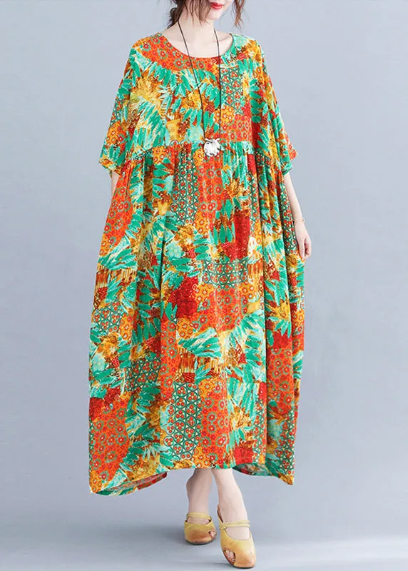 Bohemian Orange O-Neck Print Cozy Maxi Dresses Summer LY6559