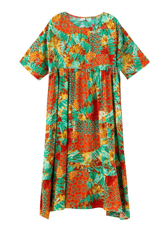 Bohemian Orange O-Neck Print Cozy Maxi Dresses Summer LY6559