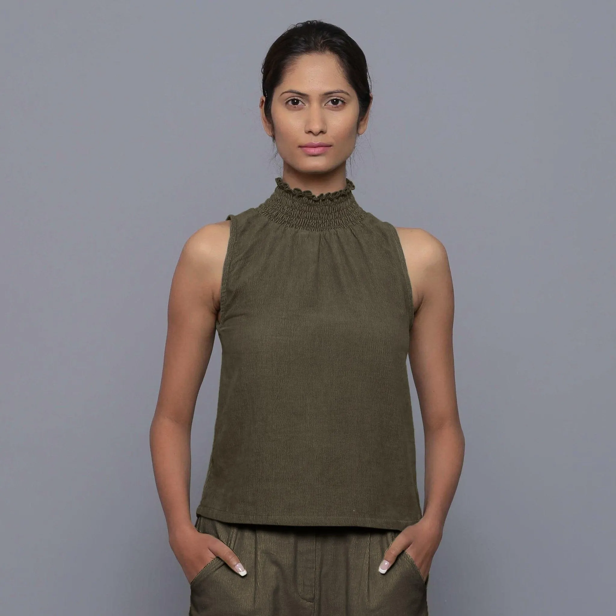 Bronze Grey Warm Cotton Corduroy Turtleneck Top