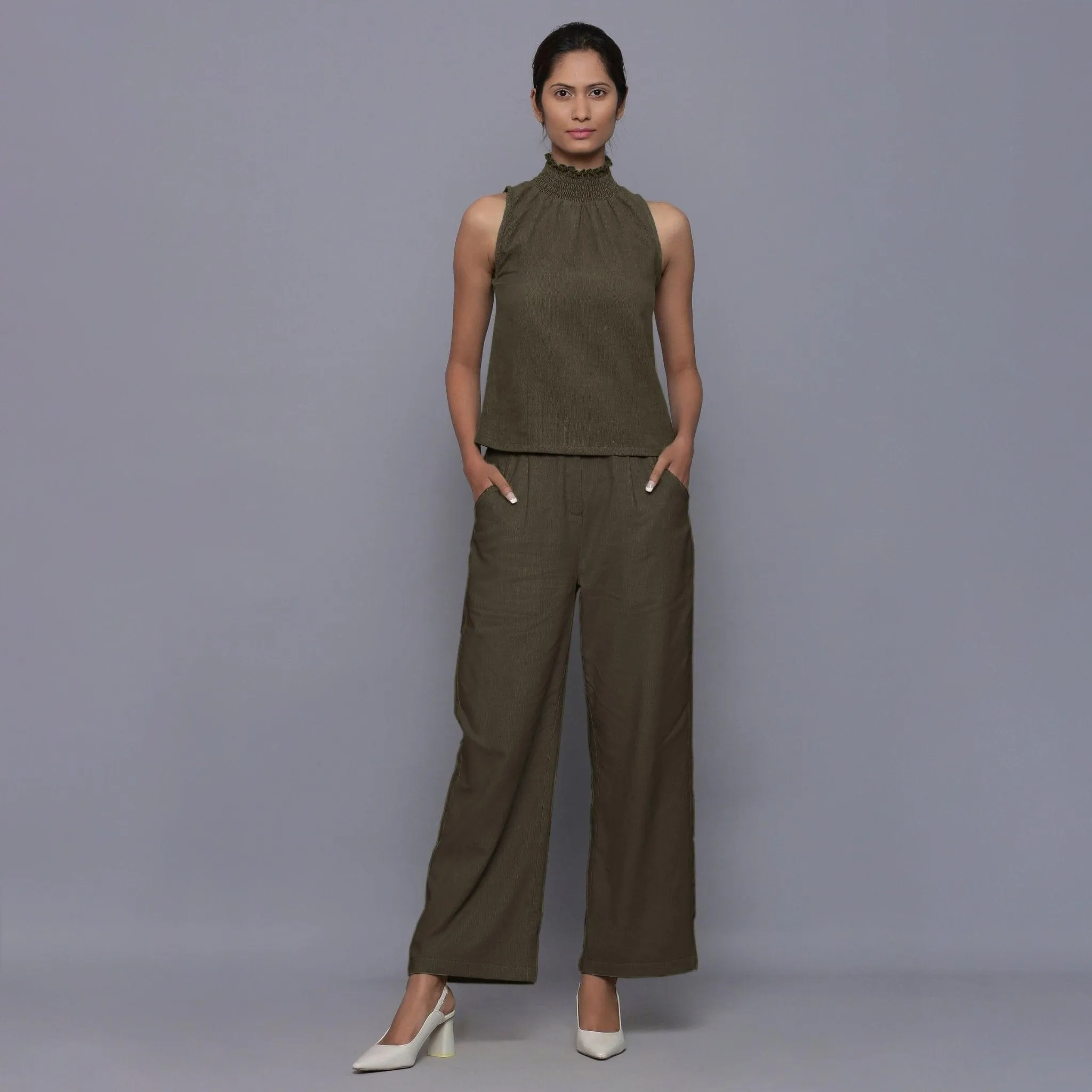 Bronze Grey Warm Cotton Corduroy Turtleneck Top