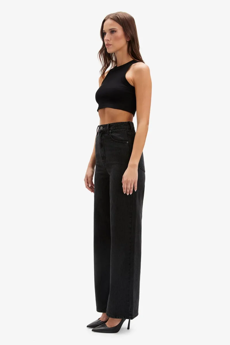 CINDY WIDE FULL LEG JEAN - WASHED BLACK