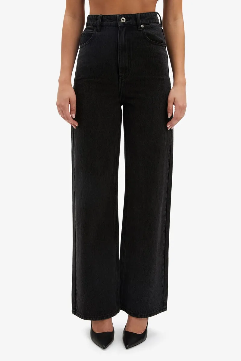 CINDY WIDE FULL LEG JEAN - WASHED BLACK