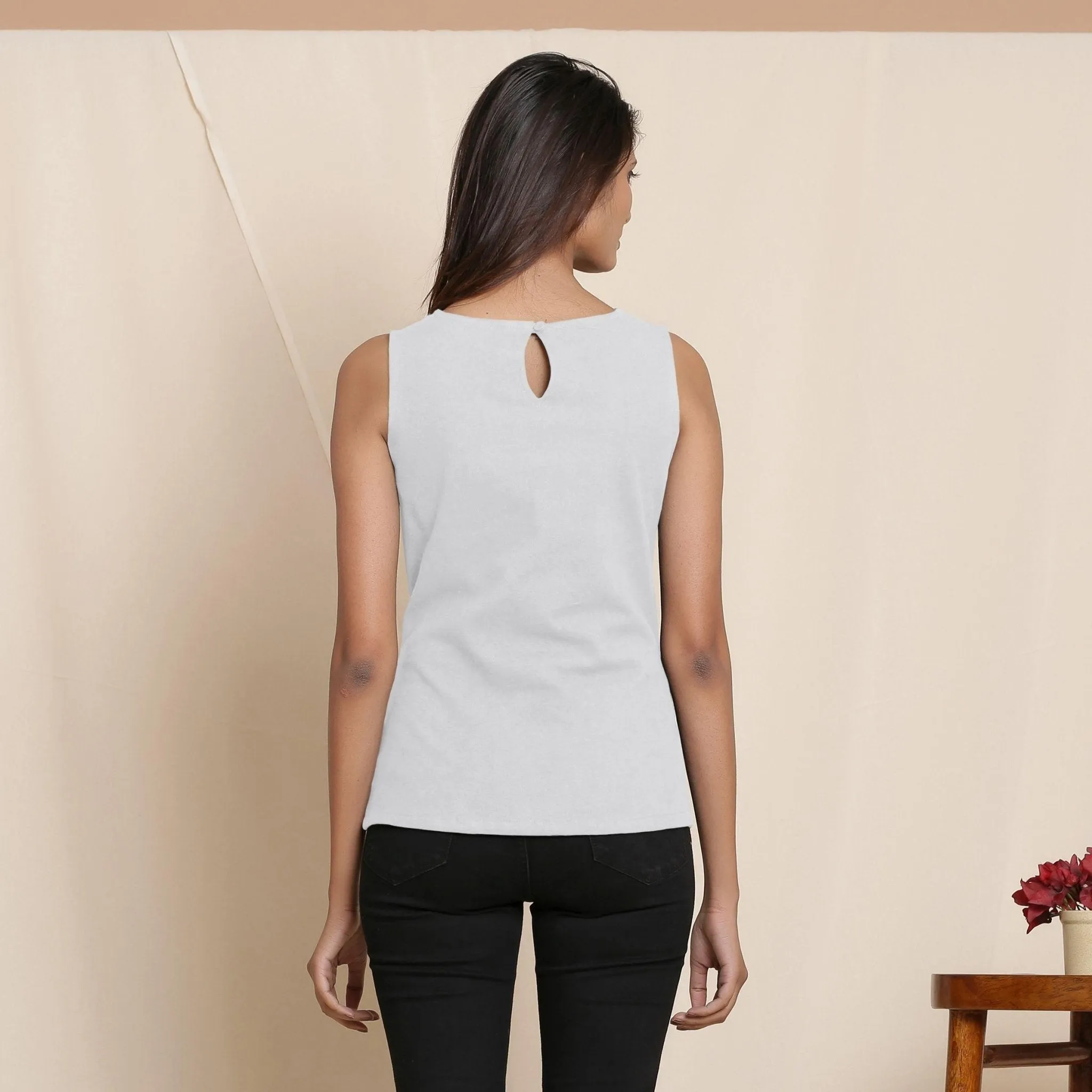 Cloudy Grey Warm Cotton Flannel Sleeveless Tie-up Top
