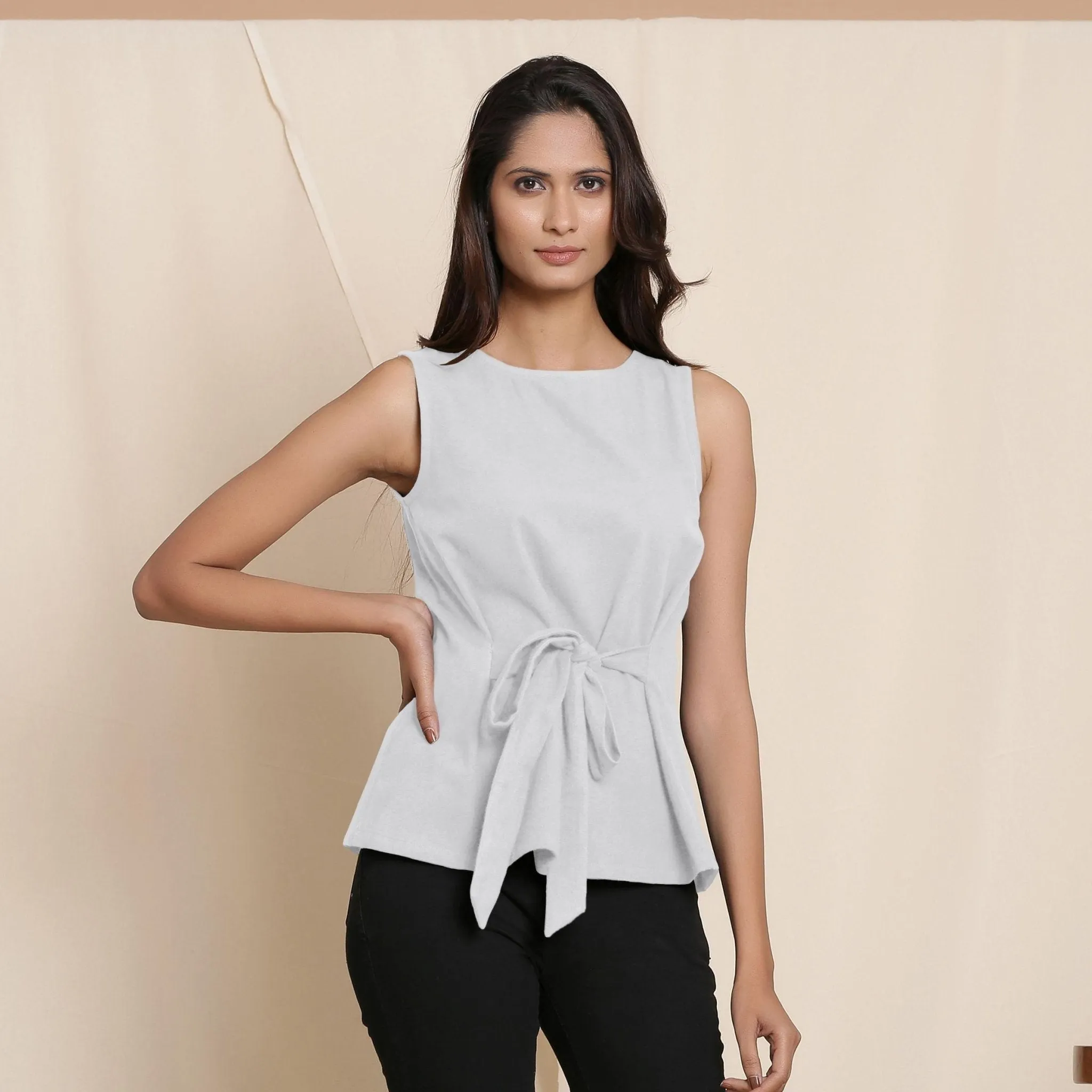 Cloudy Grey Warm Cotton Flannel Sleeveless Tie-up Top