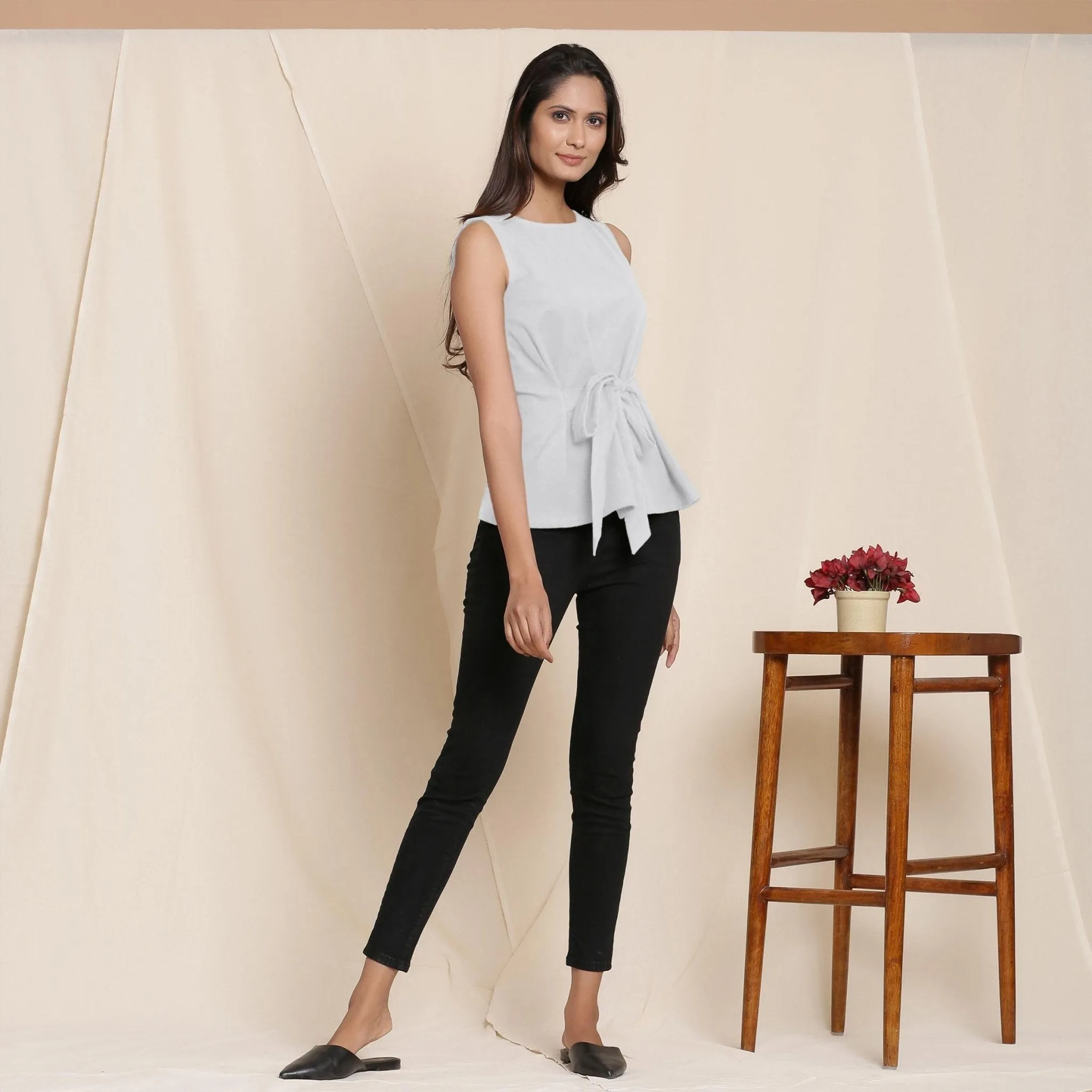 Cloudy Grey Warm Cotton Flannel Sleeveless Tie-up Top