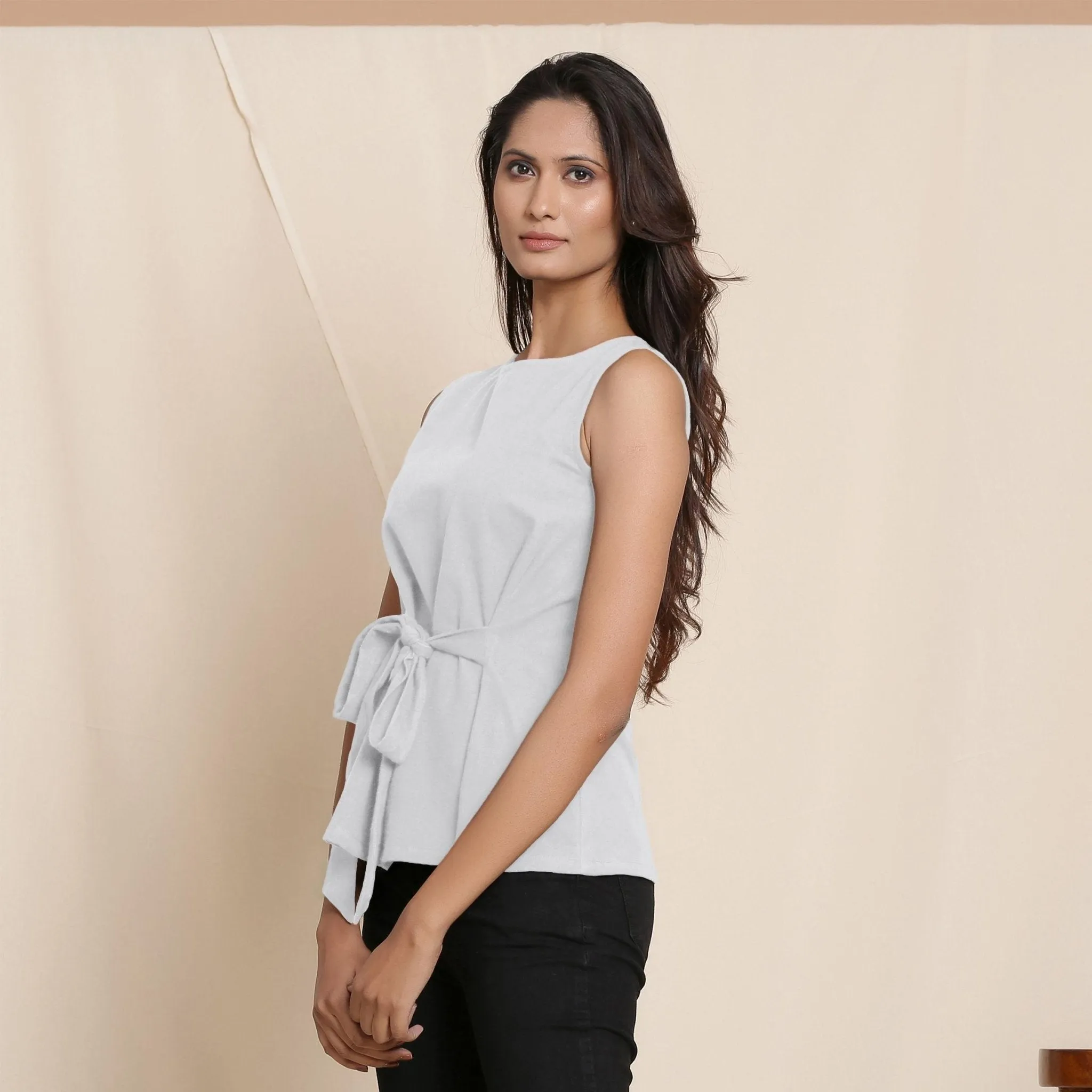 Cloudy Grey Warm Cotton Flannel Sleeveless Tie-up Top