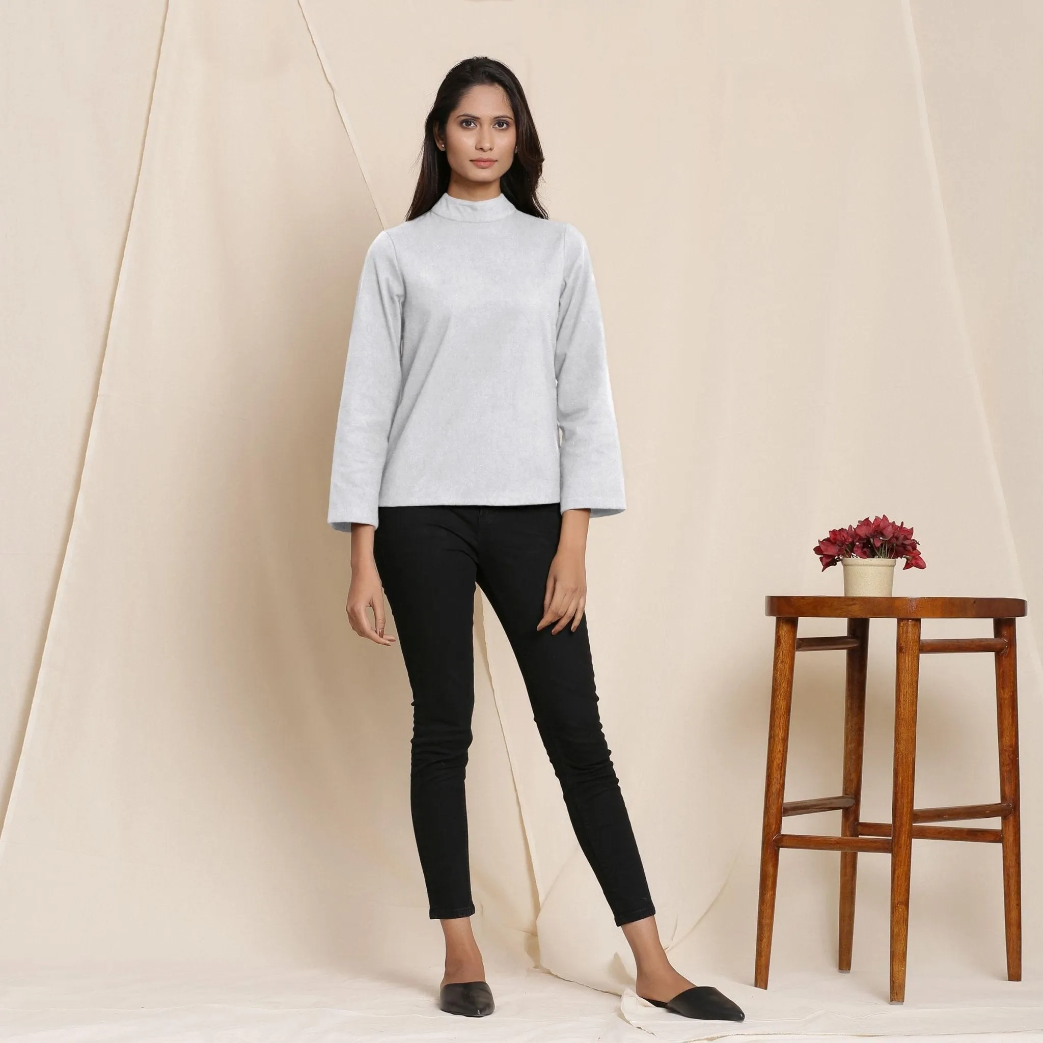 Cloudy Grey Warm Cotton Turtleneck Flannel Top
