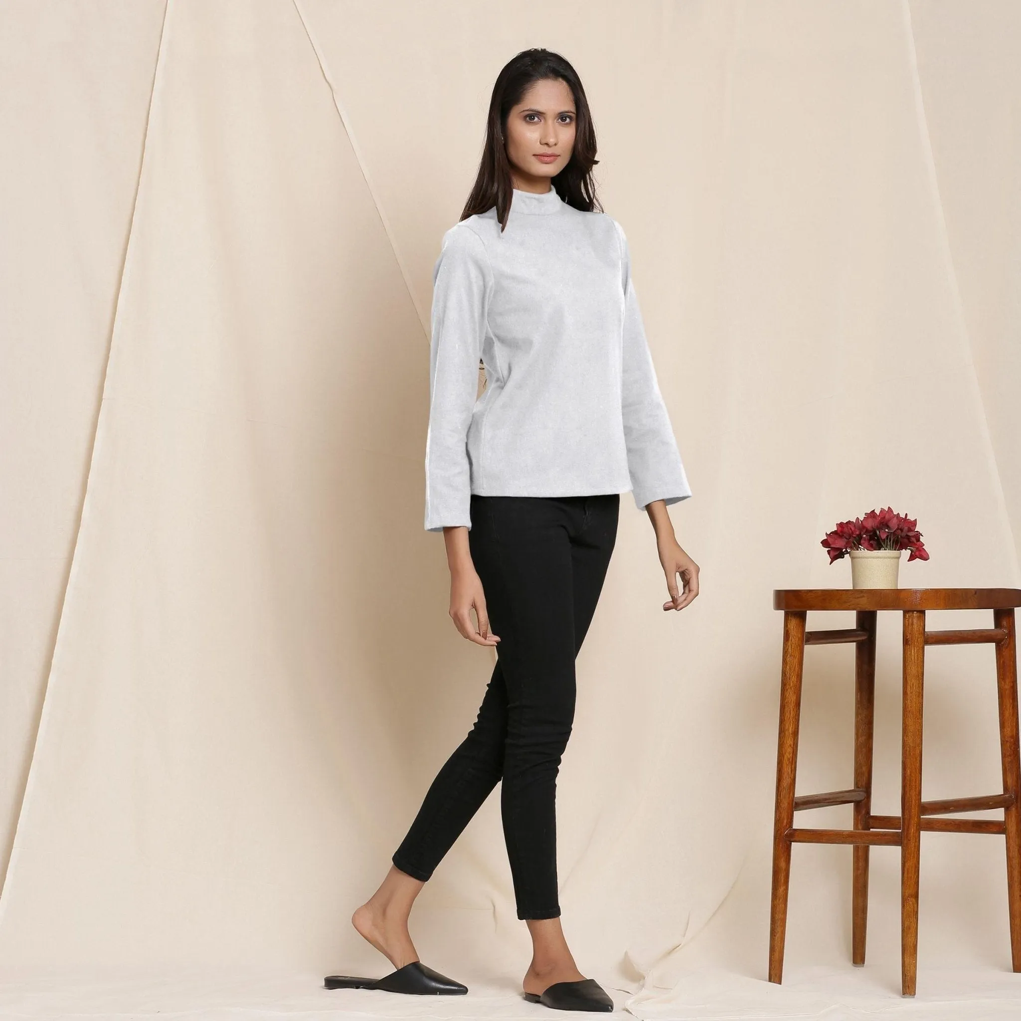 Cloudy Grey Warm Cotton Turtleneck Flannel Top
