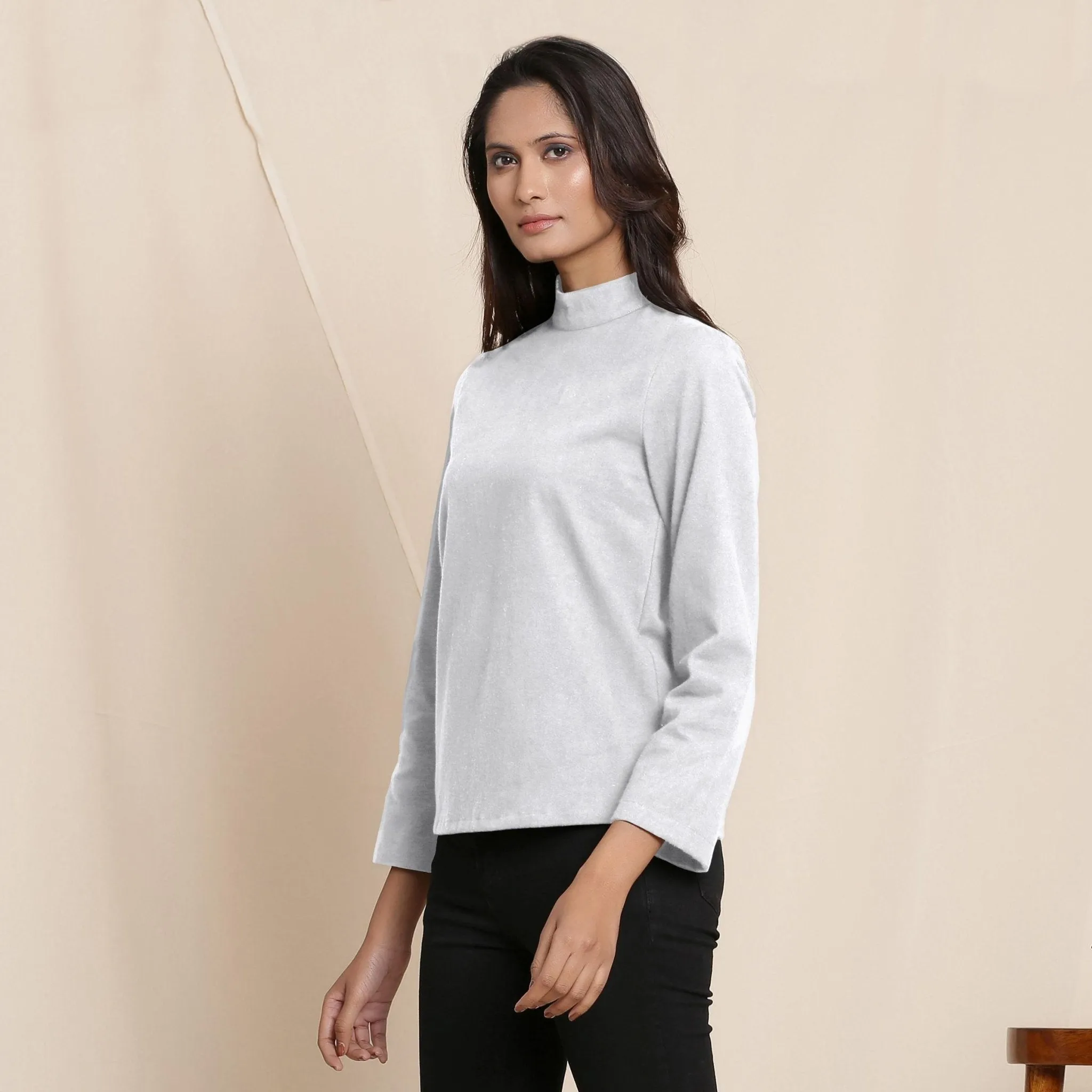 Cloudy Grey Warm Cotton Turtleneck Flannel Top