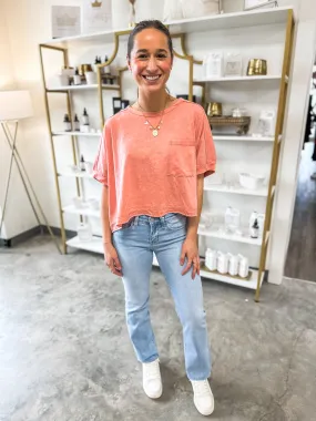 Coral Comfy Acid Washed Relaxed Fit Shoulder Tees
