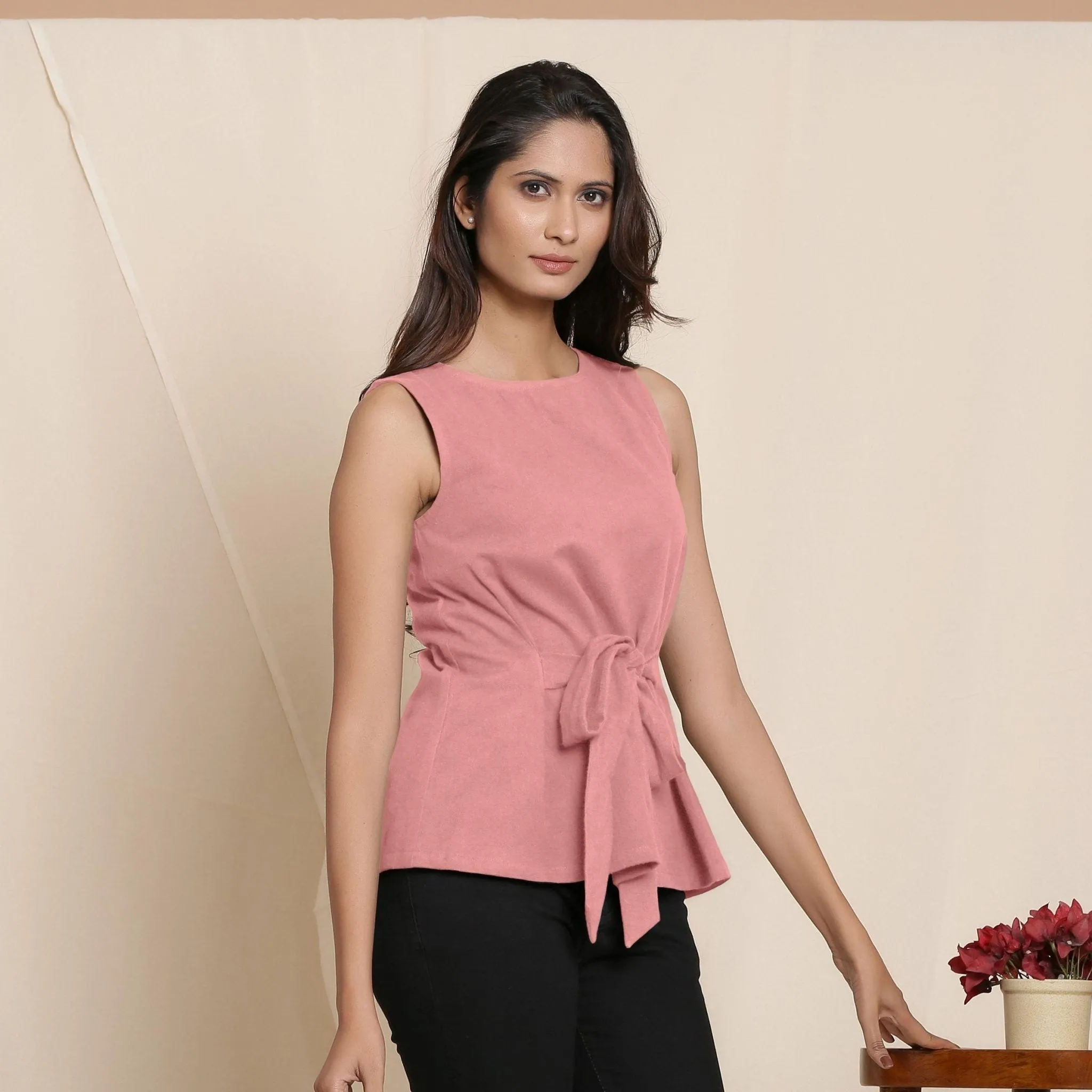English Rose Warm Cotton Flannel Sleeveless Tie-up Top