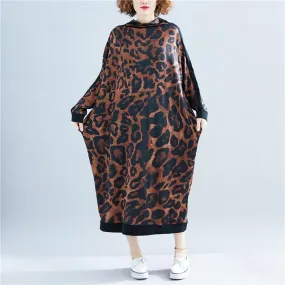 Fall High Neck Leopard Plus Size Long Dresses