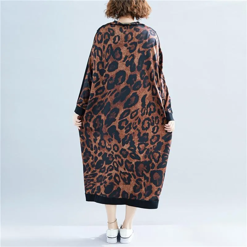 Fall High Neck Leopard Plus Size Long Dresses