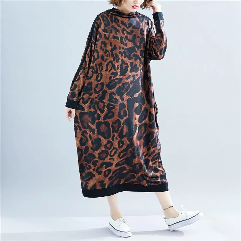 Fall High Neck Leopard Plus Size Long Dresses