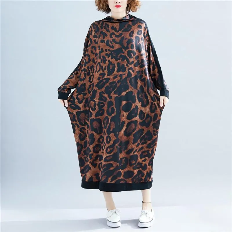 Fall High Neck Leopard Plus Size Long Dresses