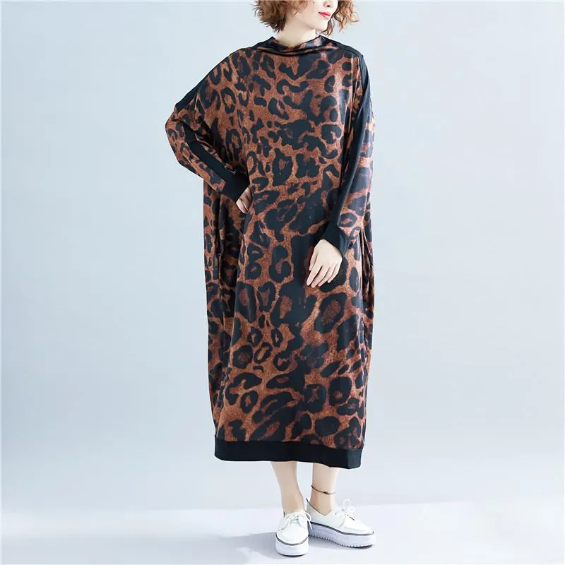 Fall High Neck Leopard Plus Size Long Dresses