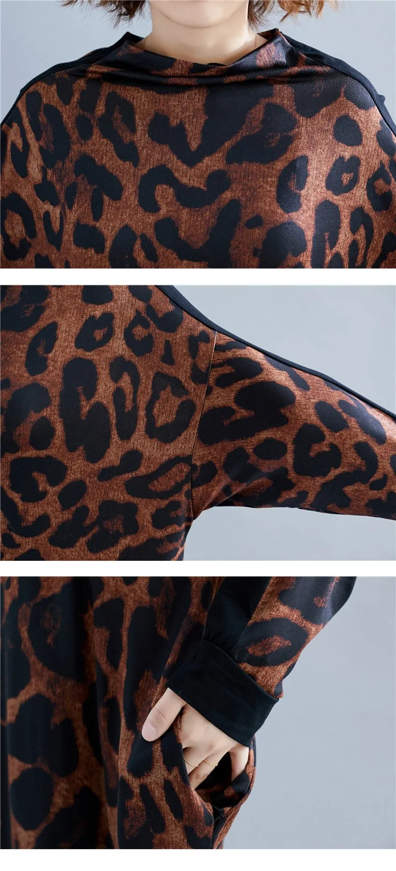 Fall High Neck Leopard Plus Size Long Dresses