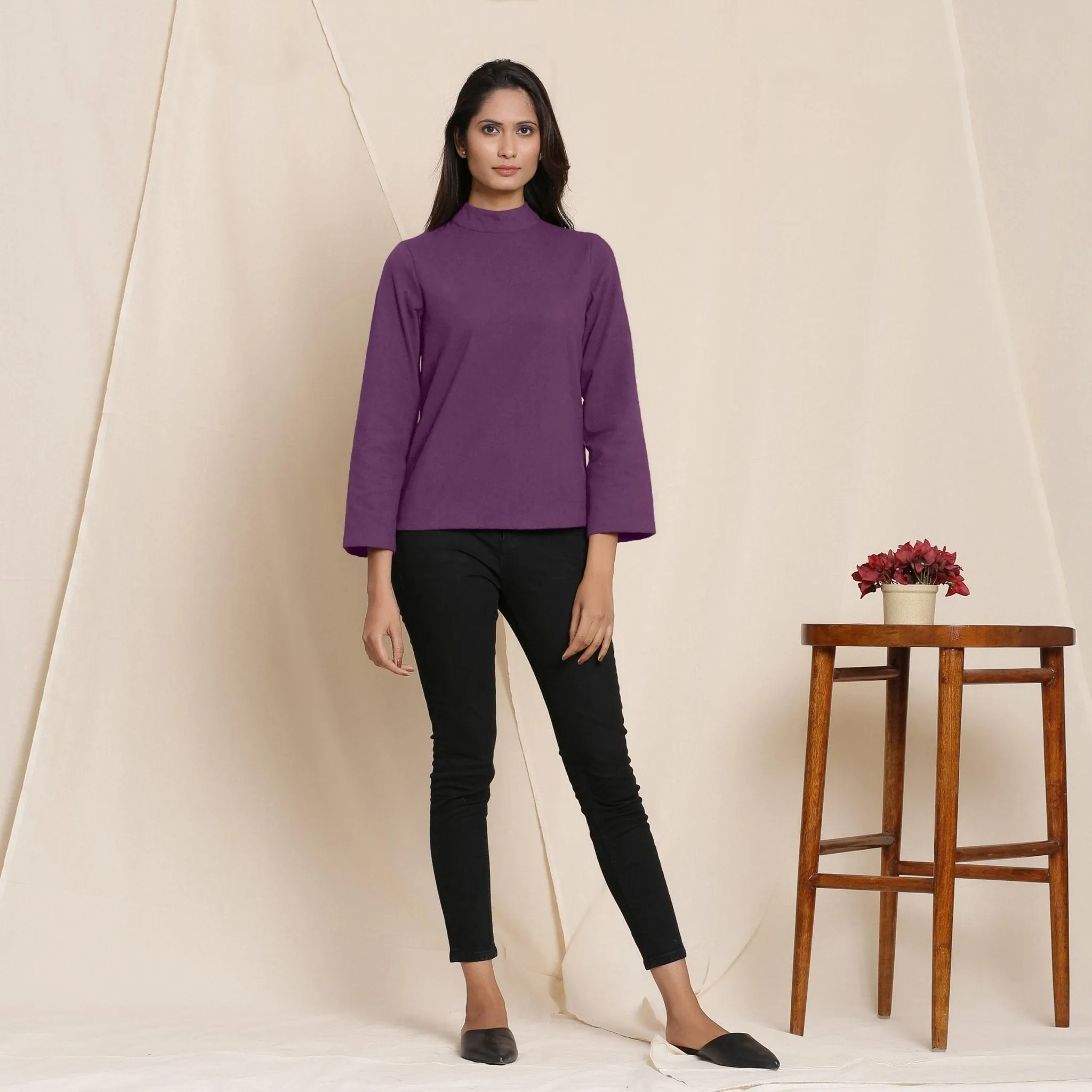 Grape Wine Warm Cotton Turtleneck Flannel Top