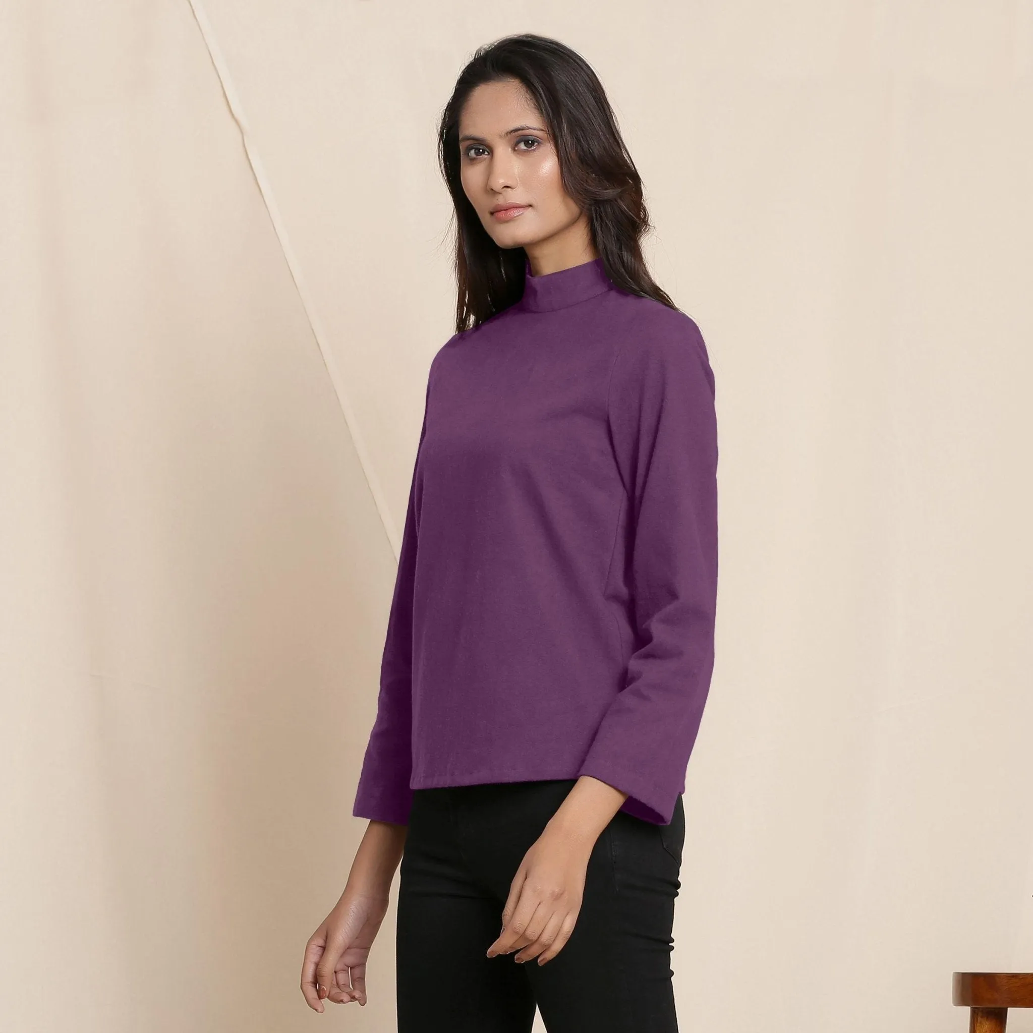Grape Wine Warm Cotton Turtleneck Flannel Top