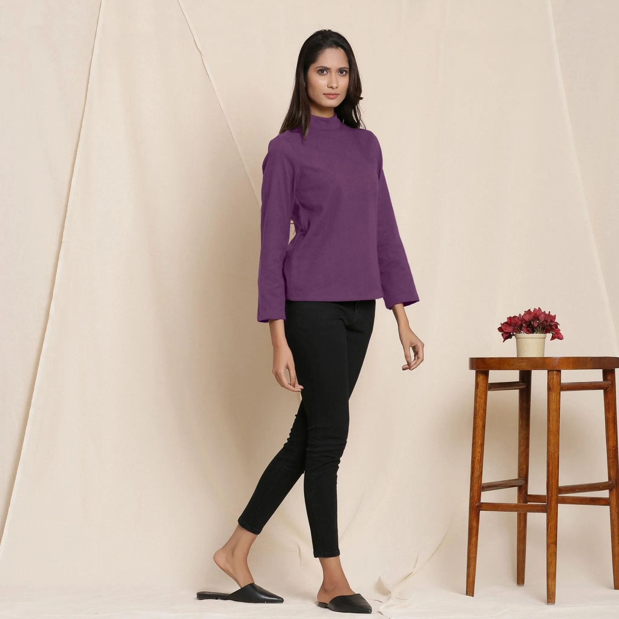 Grape Wine Warm Cotton Turtleneck Flannel Top