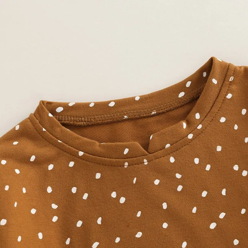 Kids Girls Dot Print Ruffle Tops & Warm Trousers Set
