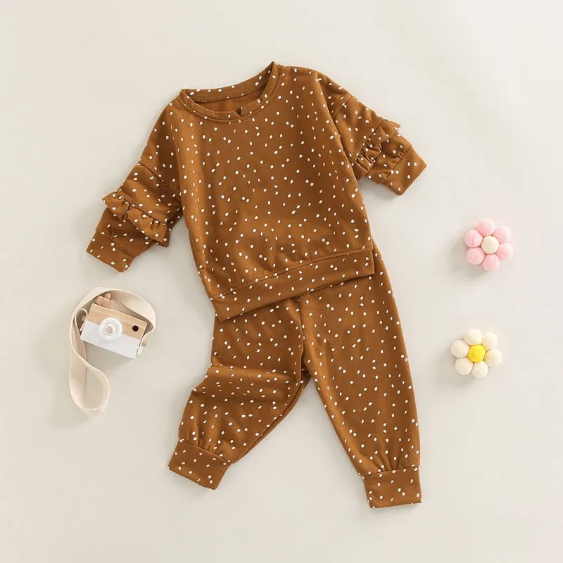 Kids Girls Dot Print Ruffle Tops & Warm Trousers Set