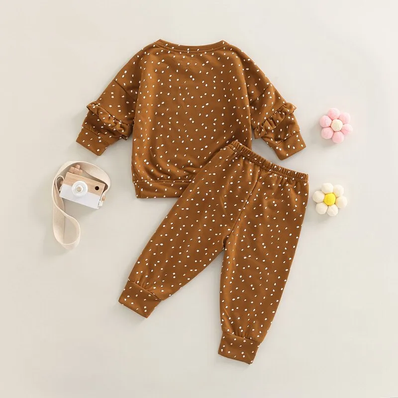 Kids Girls Dot Print Ruffle Tops & Warm Trousers Set