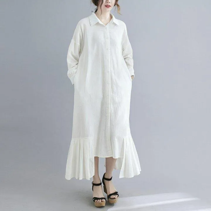 Lapel Cotton And Linen Long Maxi Dress