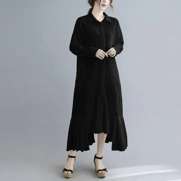 Lapel Cotton And Linen Long Maxi Dress