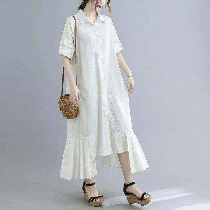 Lapel Cotton And Linen Long Maxi Dress