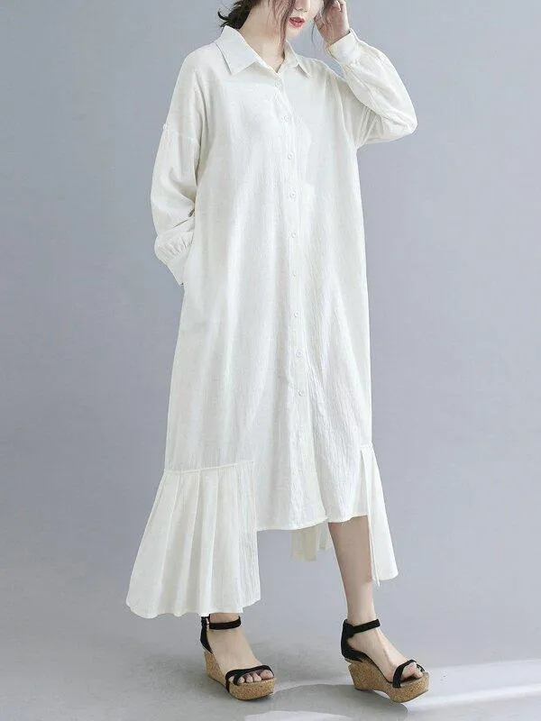 Lapel Cotton And Linen Long Maxi Dress