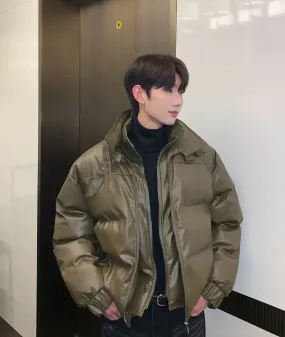 Leather Stand-up Collar Insulated Jacket